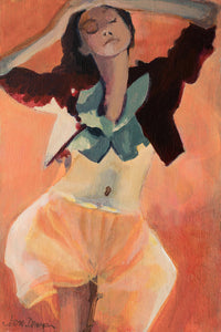orange woman dancing painting on wooden postcard